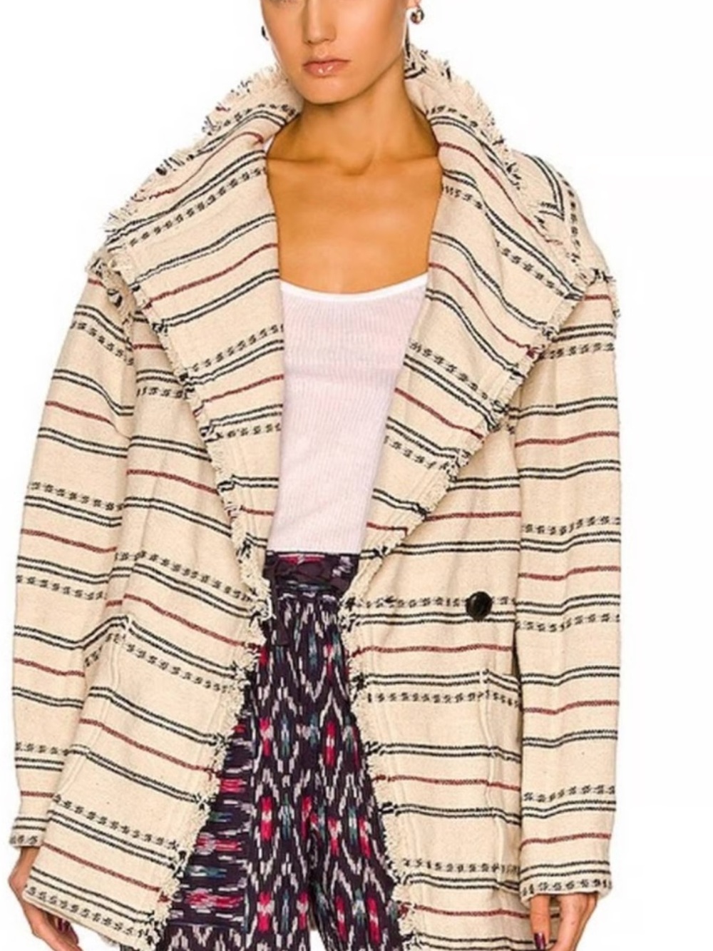ISABEL MARANT Aztec Cream Striped Fringe-Trim Trench Coat Sz 36/6 NWT $680!!